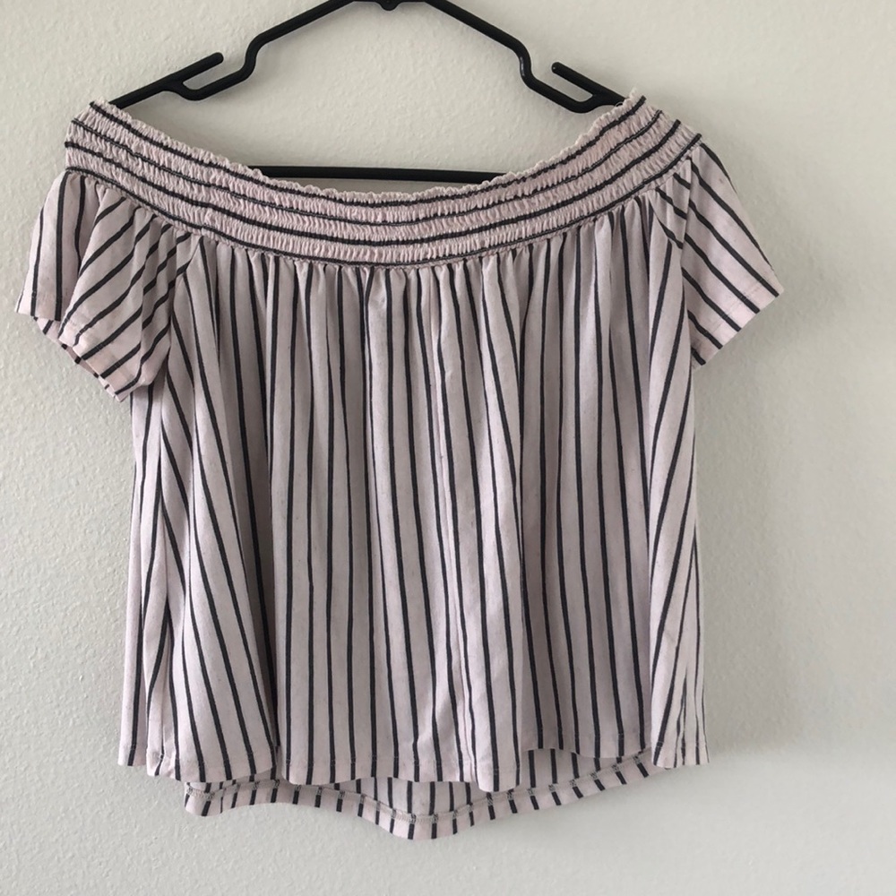 Grey and white striped off the shoulder top
